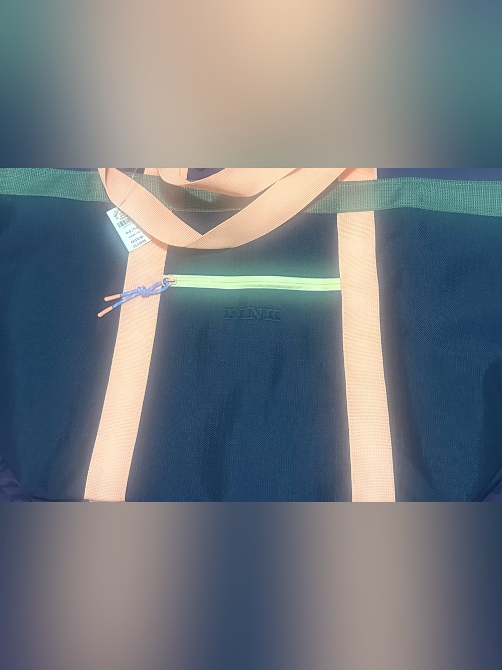 PINK Victoria's Secret Navy Tote with Peach Straps and Lime Zipper